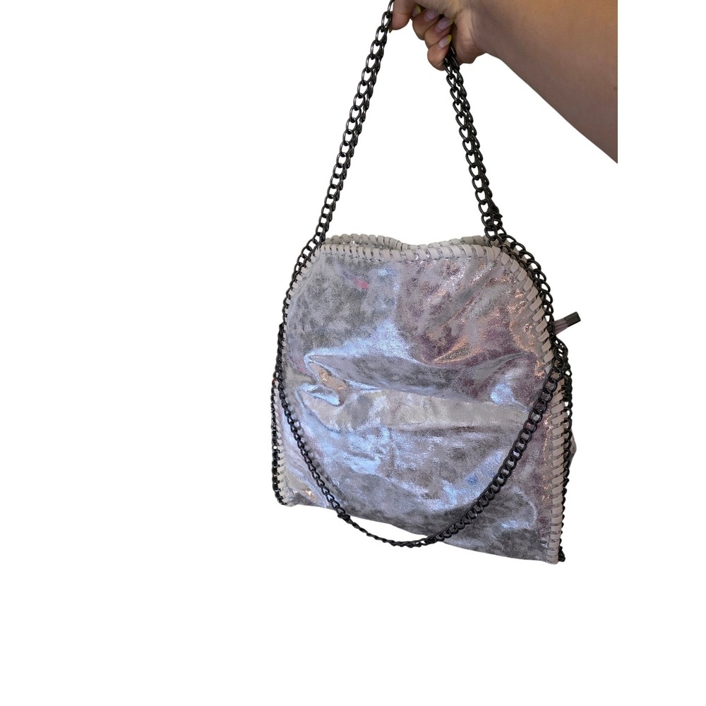 Silver Metallic Tote Bag Chain Trim Shoulder Bag Unbranded - Picture 7 of 7